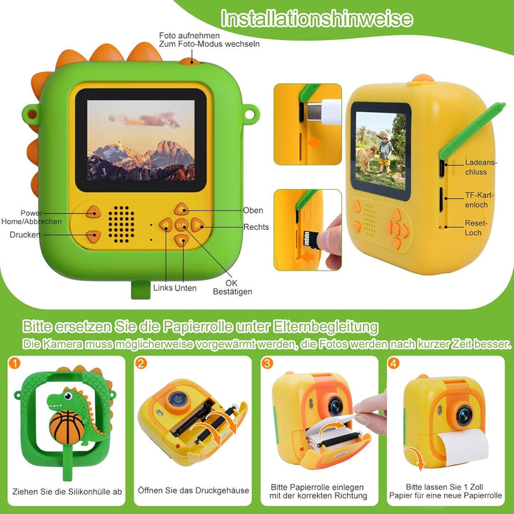 Sofortbildkamera Kinder mit 180°-Klappobjektiv, 2,4" 1080P Kinderkamera mit 3 Druckpapier, für Kinde
