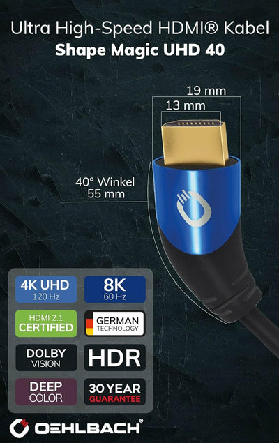 Oehlbach Shape Magic 40-8K Ultra High Speed 2.1 HDMI-Kabel - Zertifiziert 48 Gbps (40 Grad Winkelste