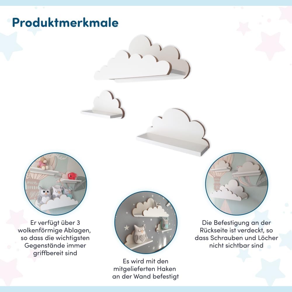 3er Set Wandregal Kinderzimmer Weiss | Babyzimmer Wolkenregal für Bücher, Spielzeug und Dekoration |