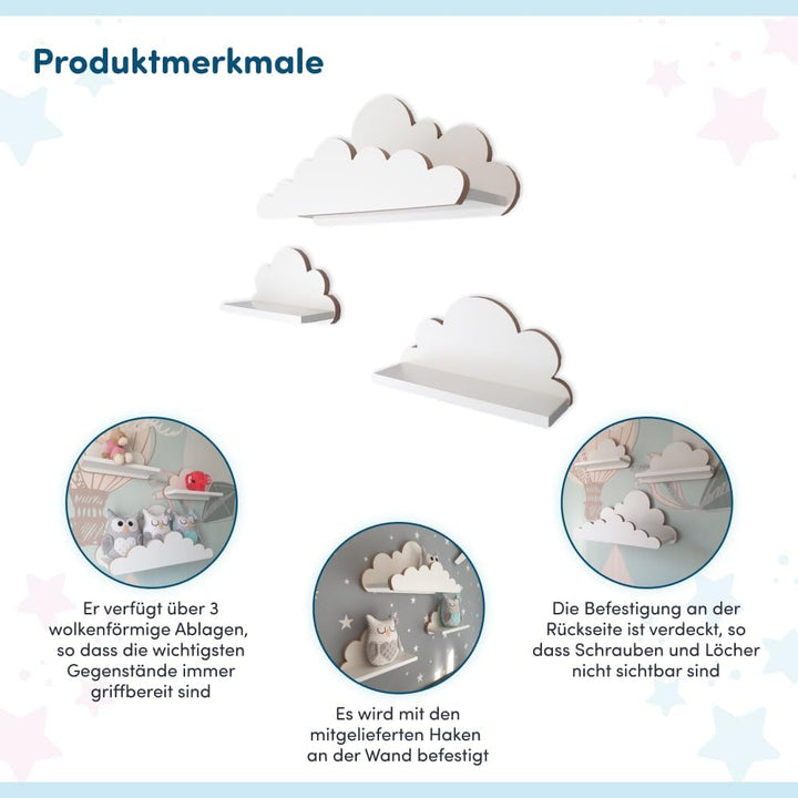 3er Set Wandregal Kinderzimmer Weiss | Babyzimmer Wolkenregal für Bücher, Spielzeug und Dekoration |