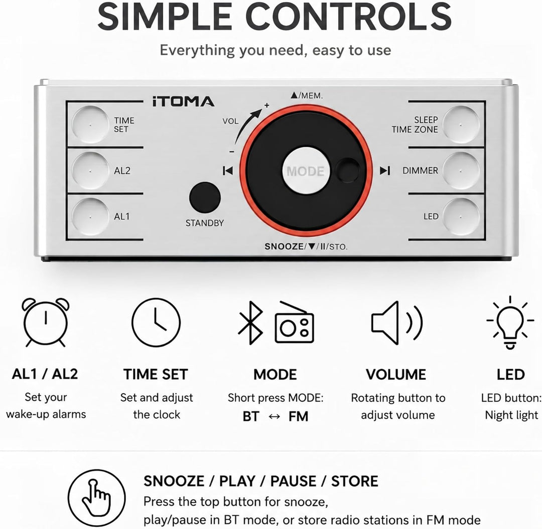 Radioweaker mit Bluetooth Lautsprecher, FM Radio, Dual Wecker mit Snooze, grosse LED Anzeige, Dimmer