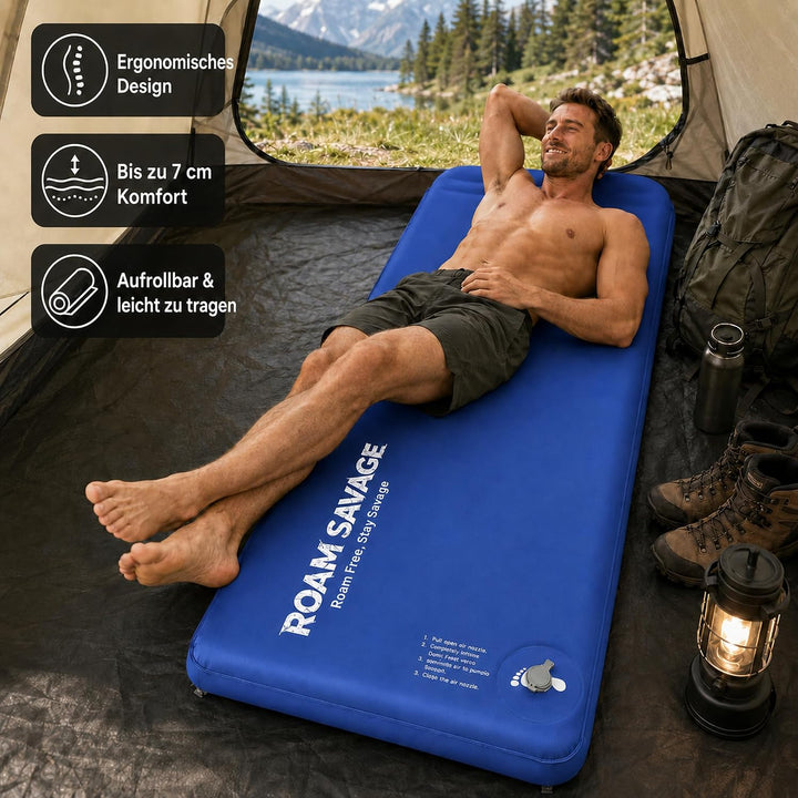 ROAM Savage Selbstaufblasende Camping-Isomatte, 7 cm Schlafmatte mit Kopfkissen, R-Wert 8,0 Isolieru