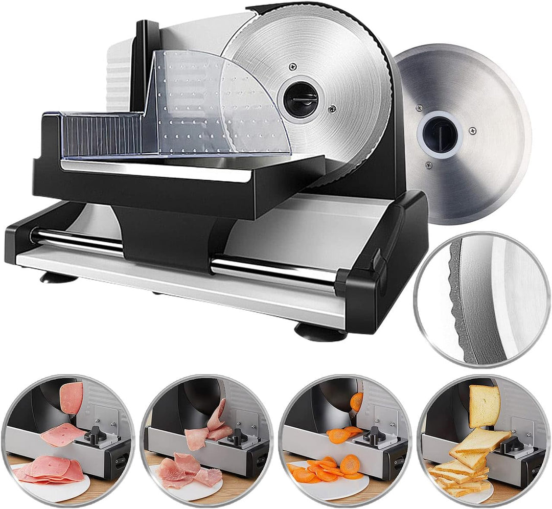 Rosenstein & Söhne Brotschneidemaschine: Elektrischer Allesschneider mit 2 Edelstahl-Klingen, 1-15 m
