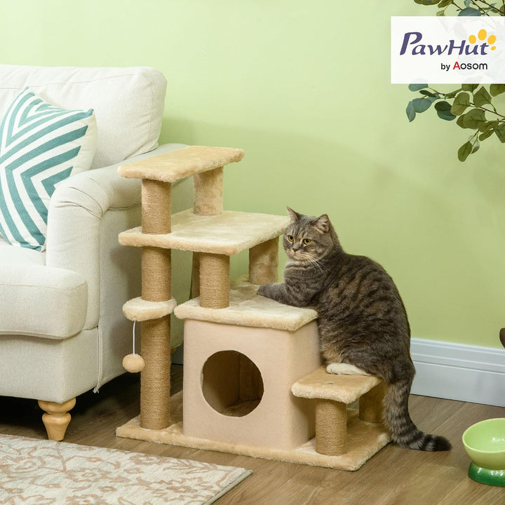 PawHut Hundetreppe 3/4 Stufen 66 cm Hoch Haustiertreppe mit Schlafhöhle, Rampe, Sipielball, Katzentr