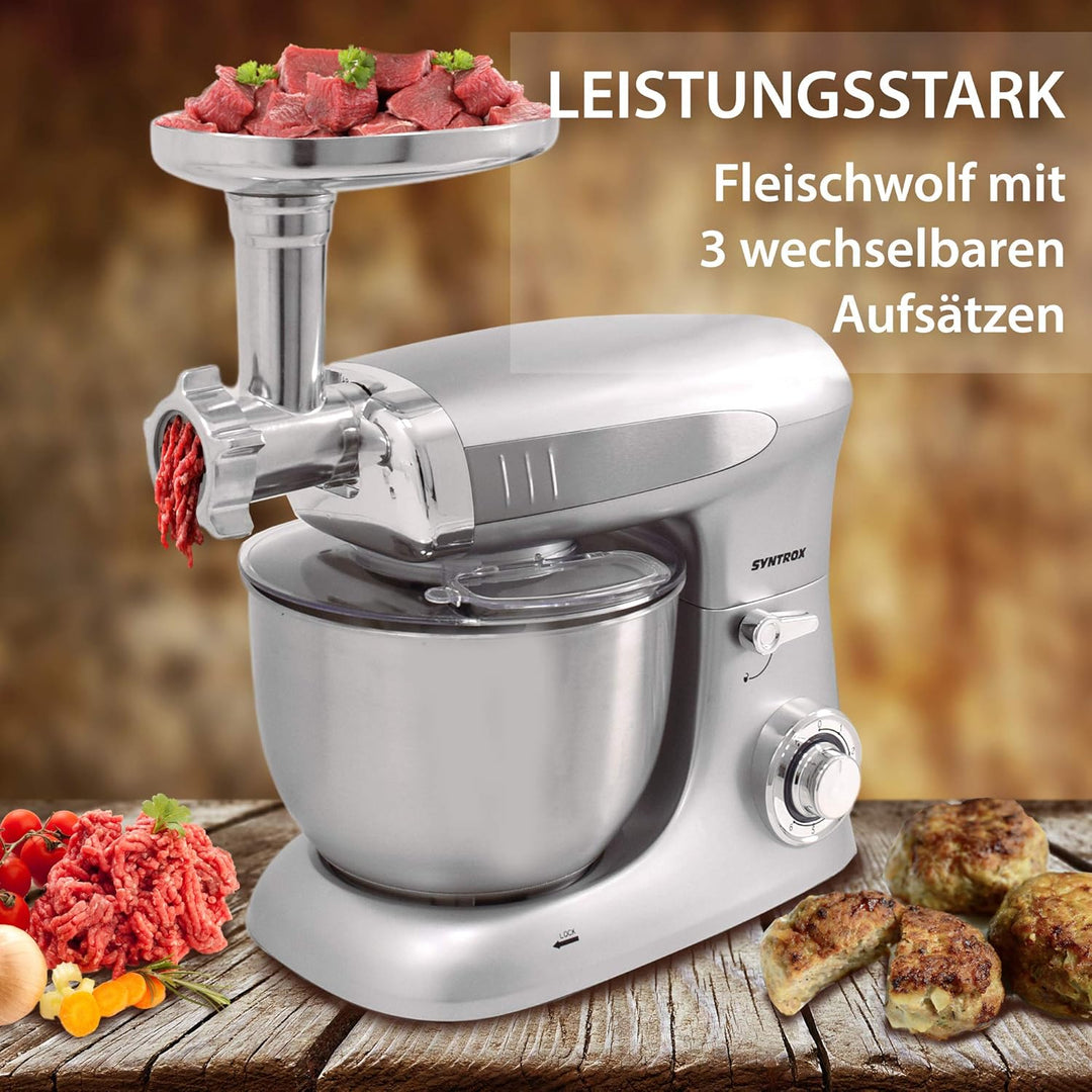 Syntrox Germany KM-1300W Silver de Luxe Küchenmaschine Knetmaschine Mixer mit Fleischwolf, Edelstahl