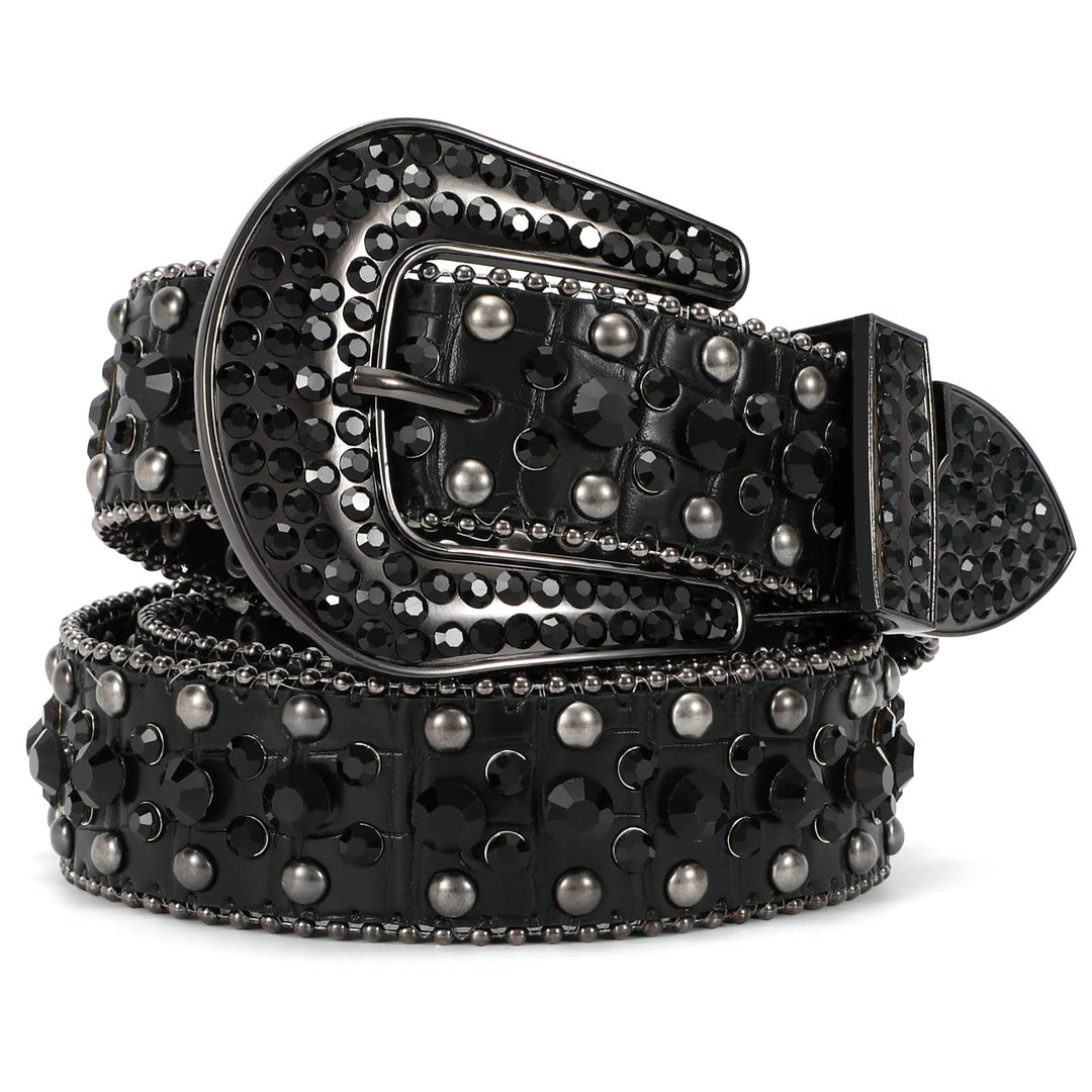 LEACOOLKEY Damen Männer Mode Strass Gürtel, Western Cowgirl Nieten Punk PU Ledergürtel für Jeans M:P
