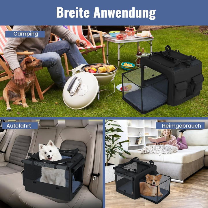 COSTWAY Hundebox faltbar, Transportbox Hund mit 2 Öffnungen, Fenster, Netzkorb, Griffen & Tasche, Hu