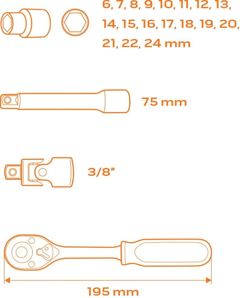 NEO TOOLS Steckschlüssel 3/8, 22-er Set, 22-er Set