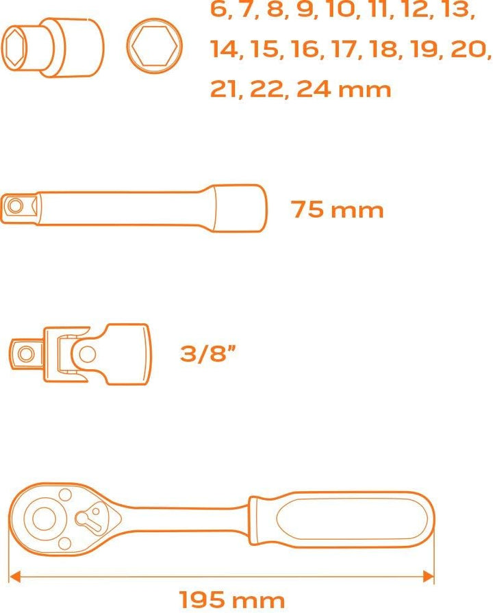 NEO TOOLS Steckschlüssel 3/8, 22-er Set, 22-er Set