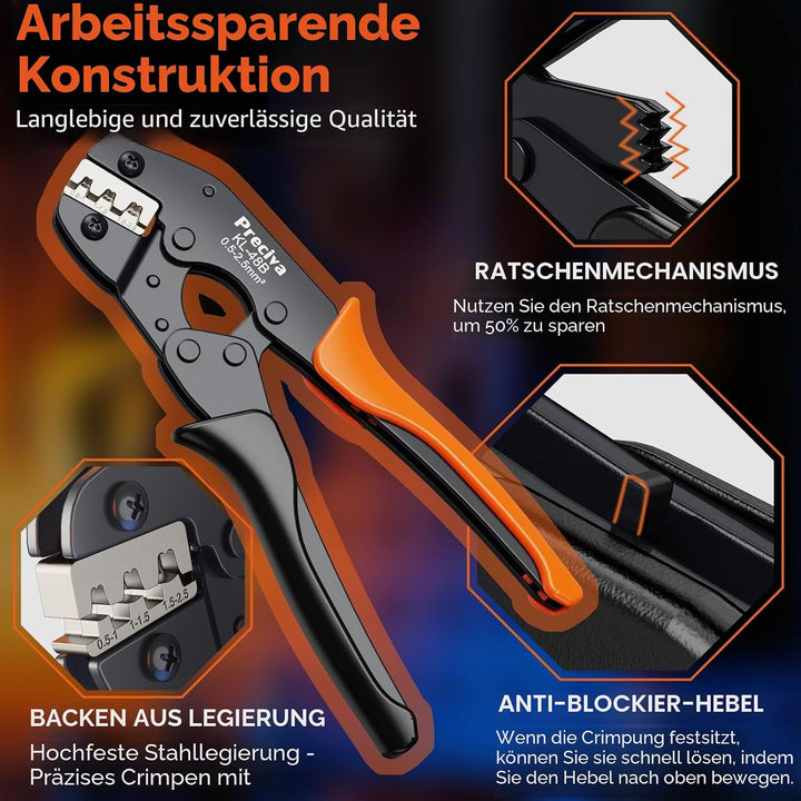 Preciva Crimpzange-Set mit 300 Flachsteckhülsen für 2,8-6,3 mm (0,5-2,5 mm² / AWG 22-14) – Ergonomis