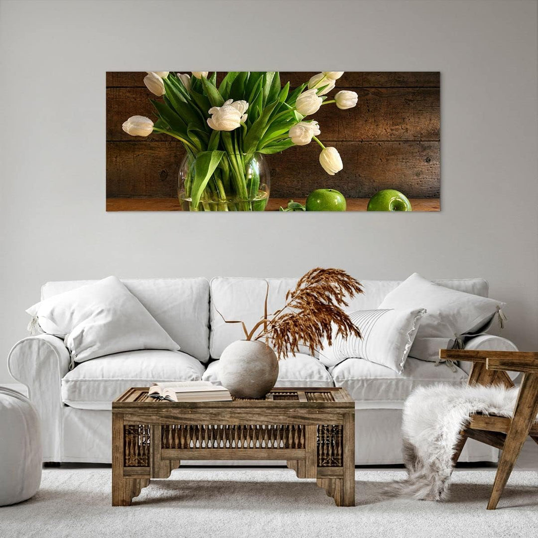 Wandbilder Dekoration Wohnzimmer Tulpen Apfel Blumenstrauss Frühling Bilder auf Leinwand 120x50cm Le