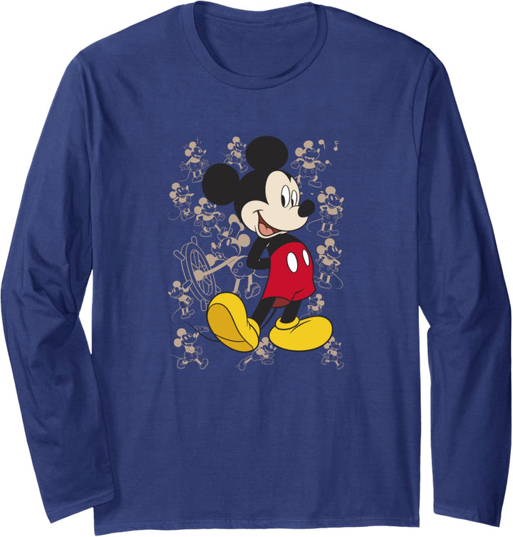 Disney Mickey Mouse Retro Sketches From The Past Background Langarmshirt