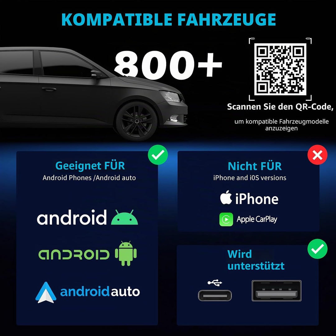 Wireless Android Auto Adapter mit integriertem Kabel, Android Auto Kabellos Adapter für Auto, Plug &amp;