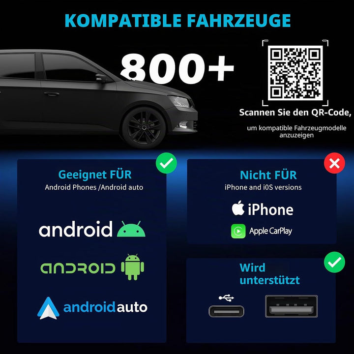 Wireless Android Auto Adapter mit integriertem Kabel, Android Auto Kabellos Adapter für Auto, Plug &amp;