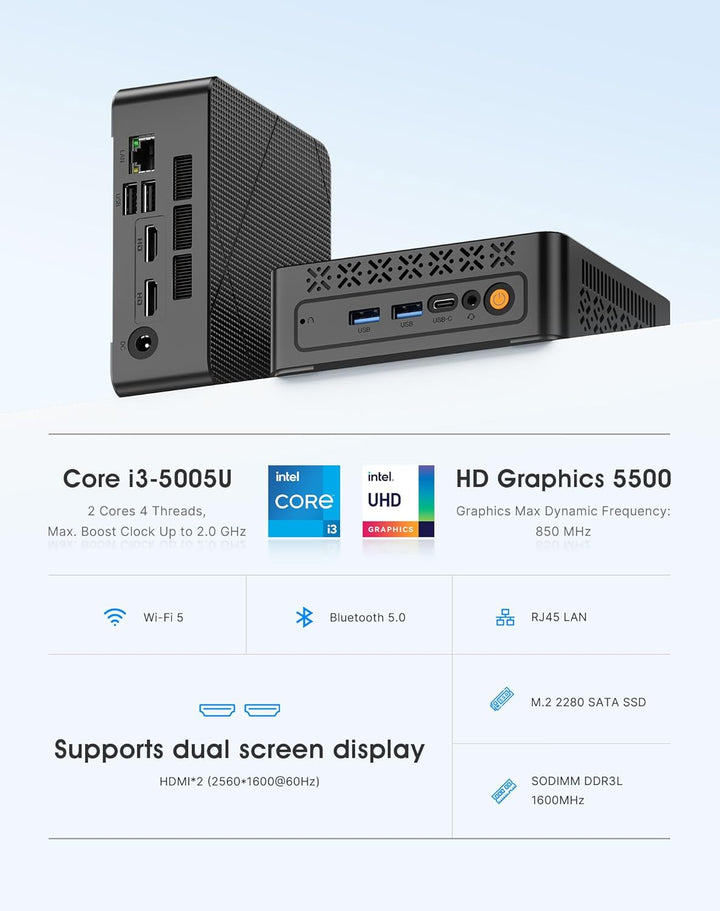 C3 Mini PC Core i3 5005U (bis zu 2,0 GHz, 2C/4T), 8 GB DDR3 RAM 512 GB SSD, Dual Display/W10 Pro/WiF
