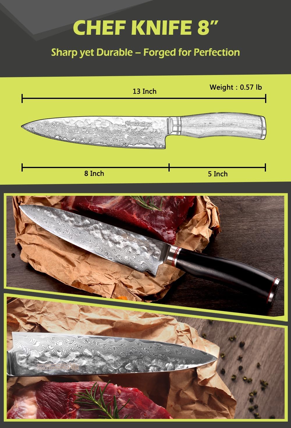 YOUSUNLONG Kochmesser 8 Zoll Gyuto Japanisch Gehämmerter Damaststahl Natur Bleiholzgriff mit Ledersc