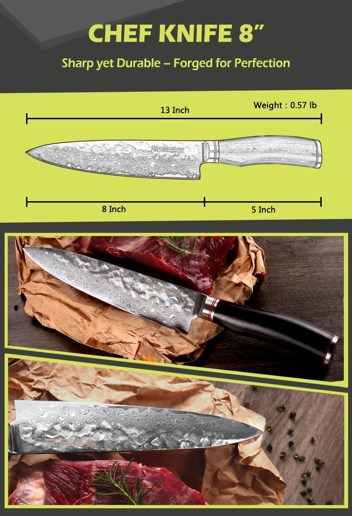 YOUSUNLONG Kochmesser 8 Zoll Gyuto Japanisch Gehämmerter Damaststahl Natur Bleiholzgriff mit Ledersc