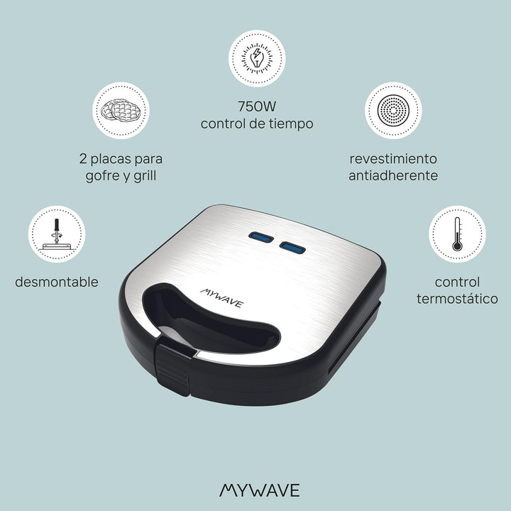 My Wave - Sandwich Maker 2 in 1 - Grill Sandwich Griddle Grillplatte - abnehmbar, Antihaftbeschichtu