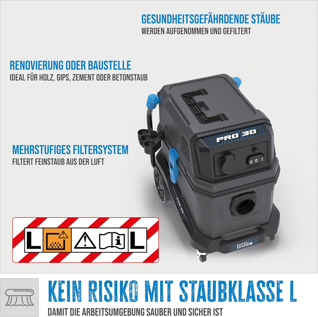 Güde Pro 30 Nass-Trockensauger – 230 Volt, 1800 Watt, 23 Kilopascal Unterdruck, 30 Liter Behälter, m
