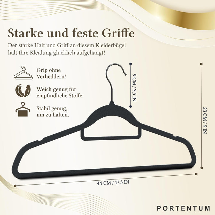 PORTENTUM Kleiderbügel aus Samt, 30 Stück, Schwarz. Zubehörhalter, 360º Drehbarer Haken, Platzsparen