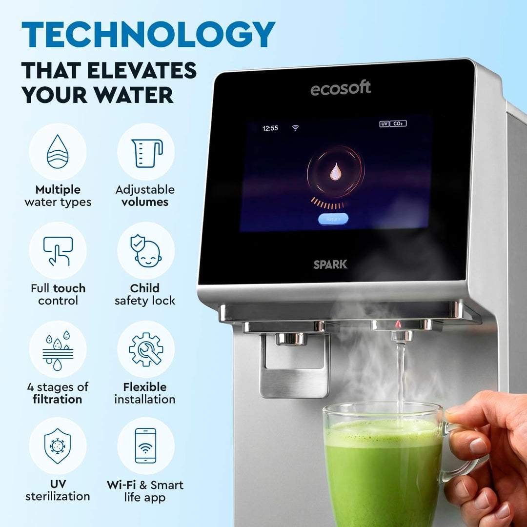 Ecosoft Wasserspender Spark – Auftisch Osmoseanlage mit 4-Stufiger-Filtrierung – UV-Reinigung, Touch