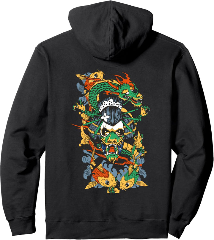 Geisha girl mask skull dragon spirit art Pullover Hoodie
