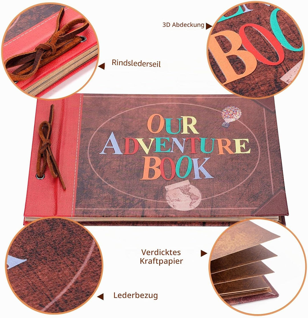 Adventure Book Scrapbook Album Fotoalbum 80 Seiten,3d Lederbezug Cover,Leder Kordelzug,Mit Einer Box