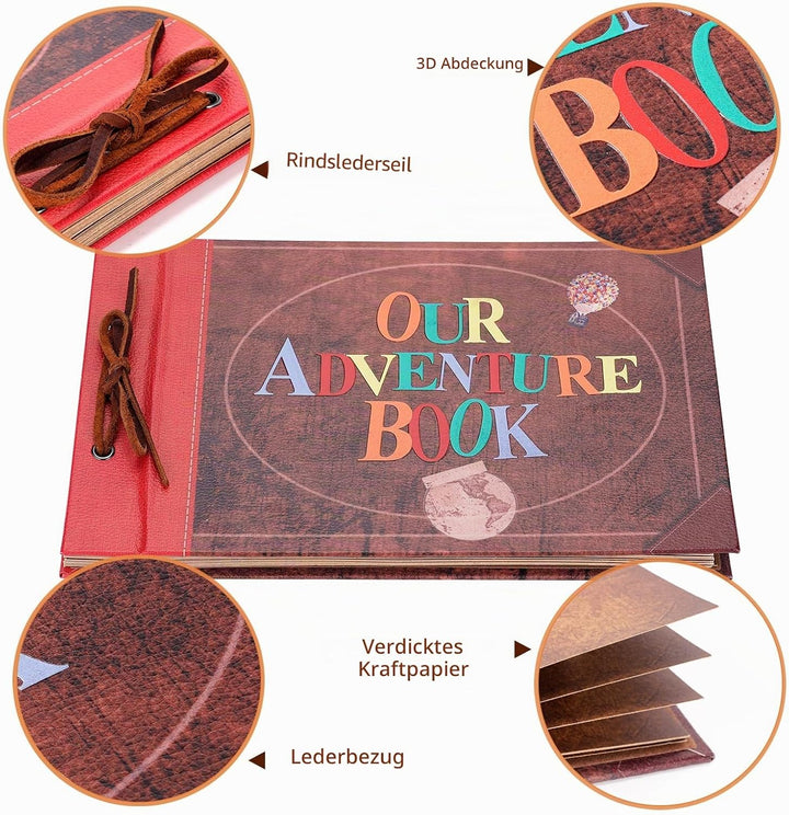 Adventure Book Scrapbook Album Fotoalbum 80 Seiten,3d Lederbezug Cover,Leder Kordelzug,Mit Einer Box