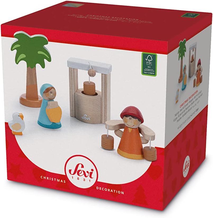 Sevi 83102 Krippen-Set Brunnen 6 teilig, Krippenzubehör aus Holz, Set zur Ergänzung der Weihnachtskr