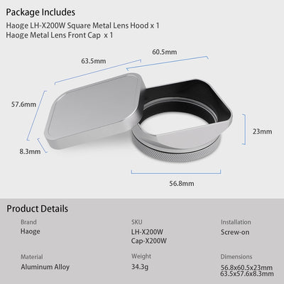 Haoge LH-X200S Gegenlichtblende aus Metall, quadratisch, mit 49 mm Adapterring, Metallkappe für Fuji