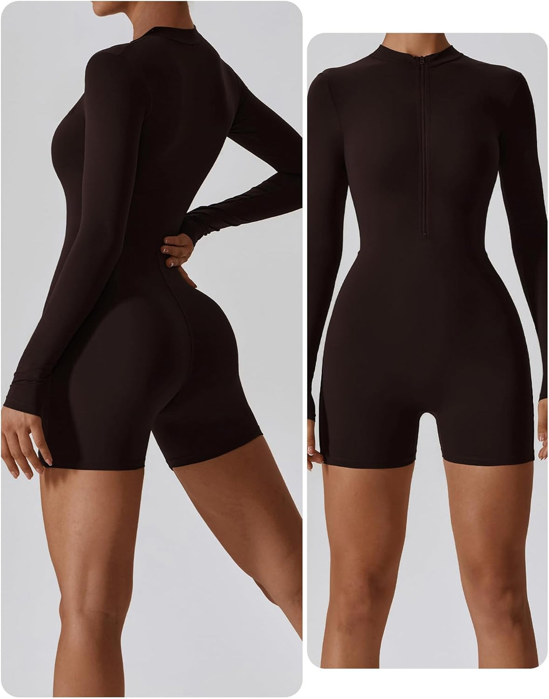 AIEOE Sport Jumpsuit Damen Kurz Eng Yoga Langarm One Piece mit Kragen Reissverschluss Bodysuit Plays