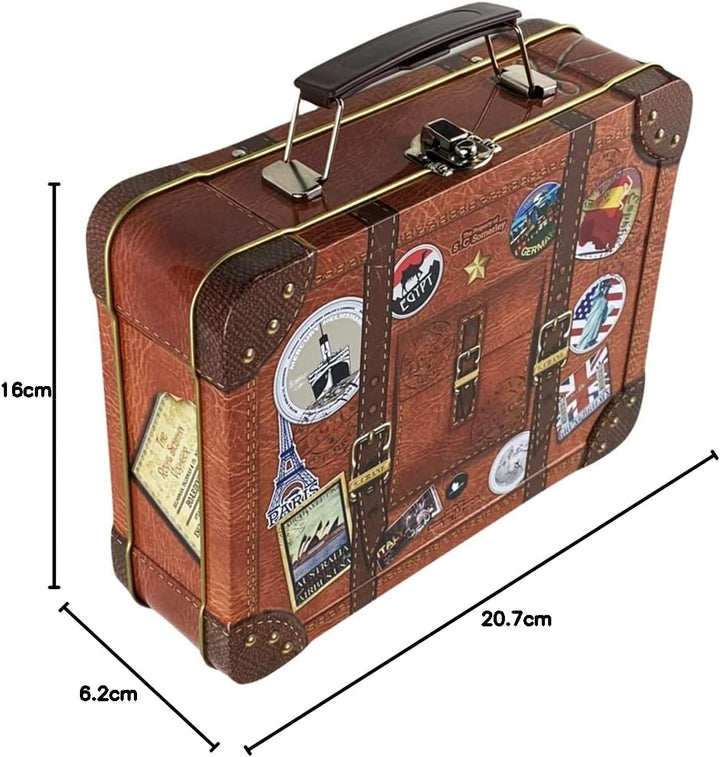 Reisekoffer Globetrotter - Keksdose mit beweglichem Griff, stabilem Schnappschloss und bunten Sticke