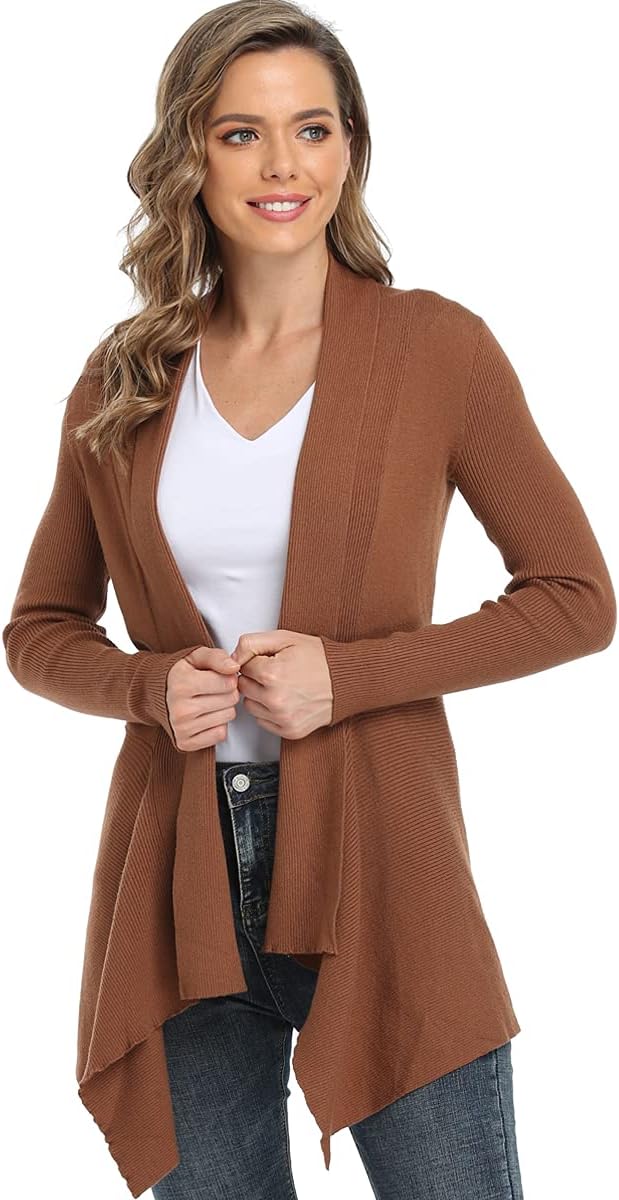 Dilgul Damen Cardigan Elegant Langarm Open Front Unregelmässiger Saum Strickjacke Pullover 34 Kamel,