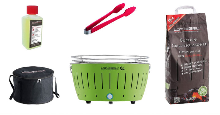 LotusGrill XL Starter-Set 1x XL Grill Limettengrün mit USB-Anschluss, 1x Buchenholzkohle 2,5 kg, 1x