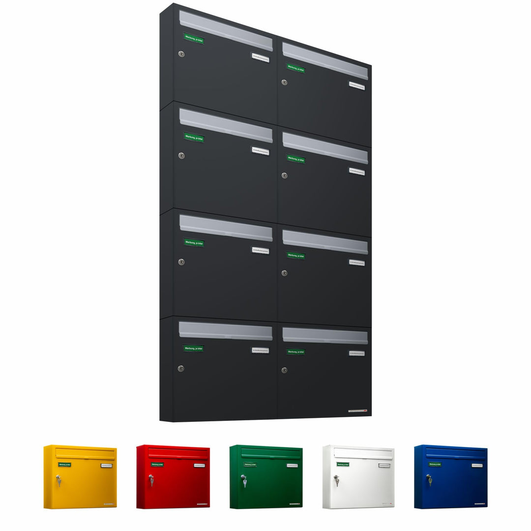 AL Briefkastensysteme Basic 8er Briefkasten RAL 7016 Anthrazit Grau/Einwurfklappe RAL 9006 Weiss Alu