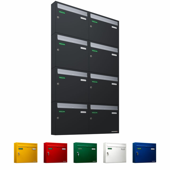 AL Briefkastensysteme Basic 8er Briefkasten RAL 7016 Anthrazit Grau/Einwurfklappe RAL 9006 Weiss Alu