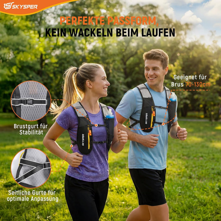 SKYSPER Laufweste Ultraleichter 5L, Trinkrucksack mit weichen Flaschen 500ml Laufrucksack Herren Dam