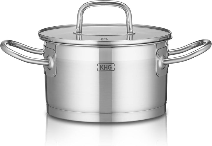 KHG Topf Kochtopf Fleischtopf 16 cm Induktion, Edelstahl unbeschichtet inkl. Glasdeckel | 9,5 cm hoh