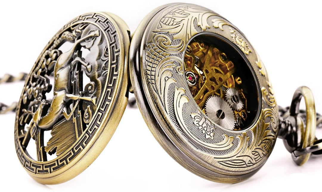 Treeweto Vintage Taschenuhr, mechanisch, doppelter Abdeckung, hohles Gehäuse, Skelett, Steampunk, Hi