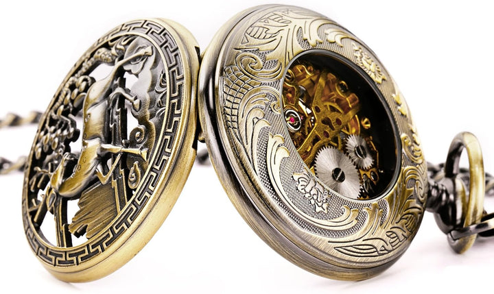 Treeweto Vintage Taschenuhr, mechanisch, doppelter Abdeckung, hohles Gehäuse, Skelett, Steampunk, Hi