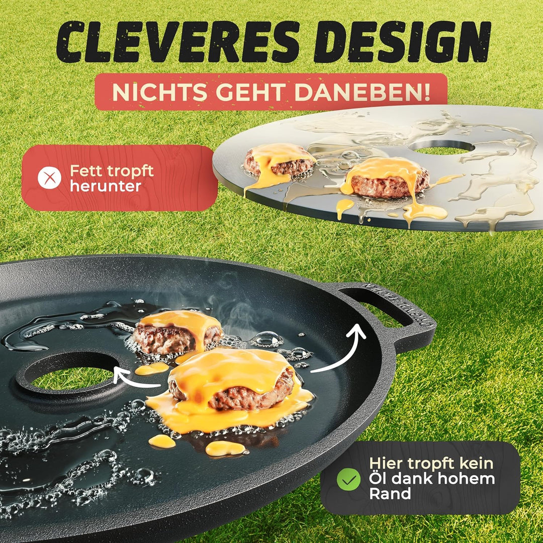 Drei Eichen Feuerplatte aus Gusseisen mit Tropfschutz. Ø35cm. Grillplatte Plancha ideal für Raketeno