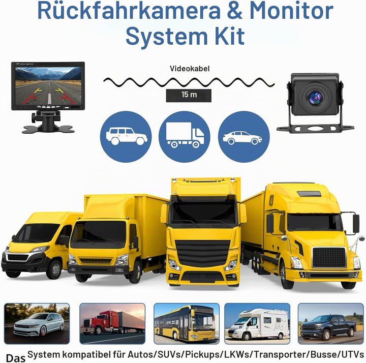 Dual Rückfahrkamera Set mit 7" HD Rear View Monitor, IP69 wasserdichte Nachtsicht Auto Backup-Kamera