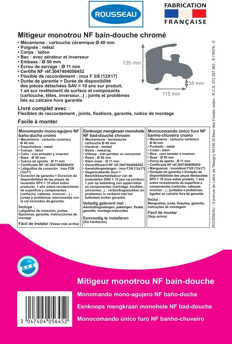 Rousseau 4056452 Einloch Mischbatterie für Badewanne/Dusche Chrom