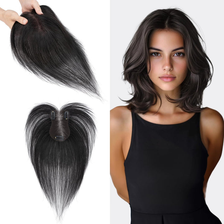 S-noilite Haar Toppers Echthaar Natürliches Schwarz - Toupet für Frauen mit Seitenpony 100% Echthaar