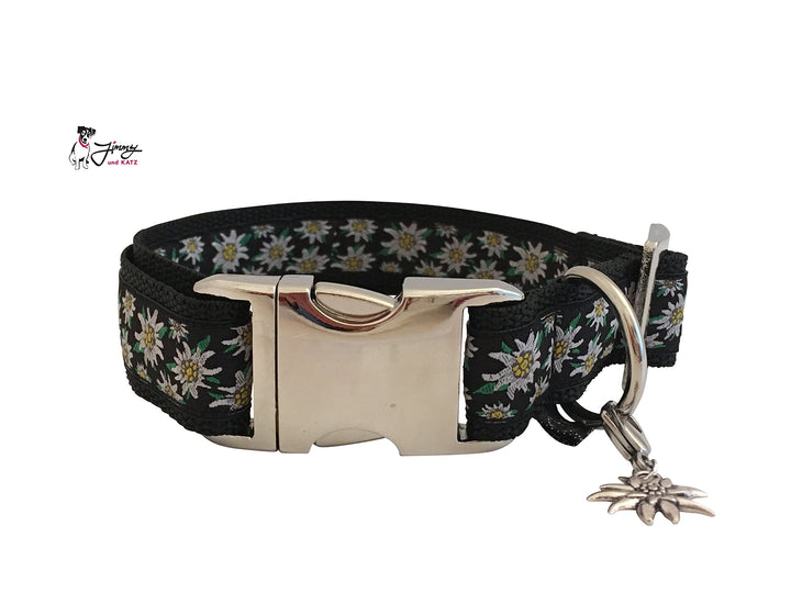 Jimmy und Katz Hundehalsband Edelweiss Schwarz 35-58cm x2,5cm