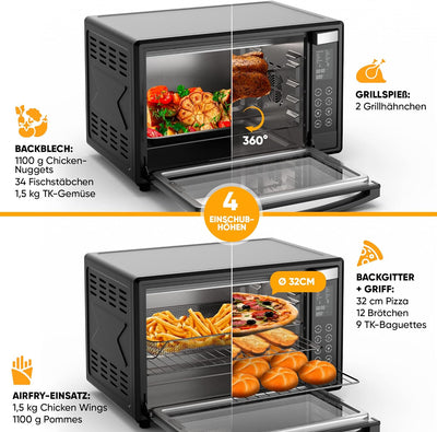 Stillstern Minibackofen mit Umluft (45L) Deutsche Version, 13 Programme, Zubehör 2x Backblech, Drehs