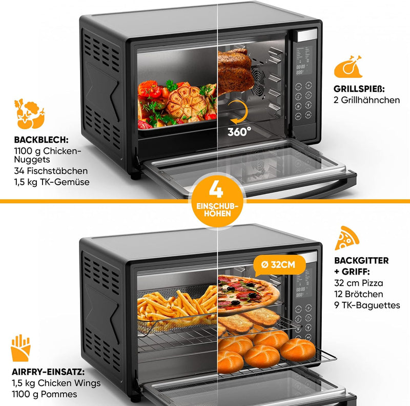 Stillstern Minibackofen mit Umluft (45L) Deutsche Version, 13 Programme, Zubehör 2x Backblech, Drehs