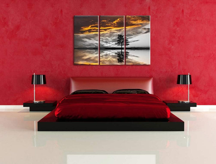 einsamer Baum auf Wiese schwarz/weiss 3-Teiler Leinwandbild 120x80 Bild auf Leinwand, XXL riesige Bi