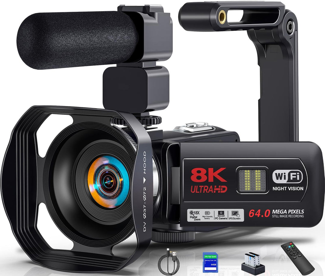 Videokamera Camcorder 8K 64MP WiFi Vlogging Camera mit IR Nachtsicht für YouTube, HD 3.0'' Touchscre