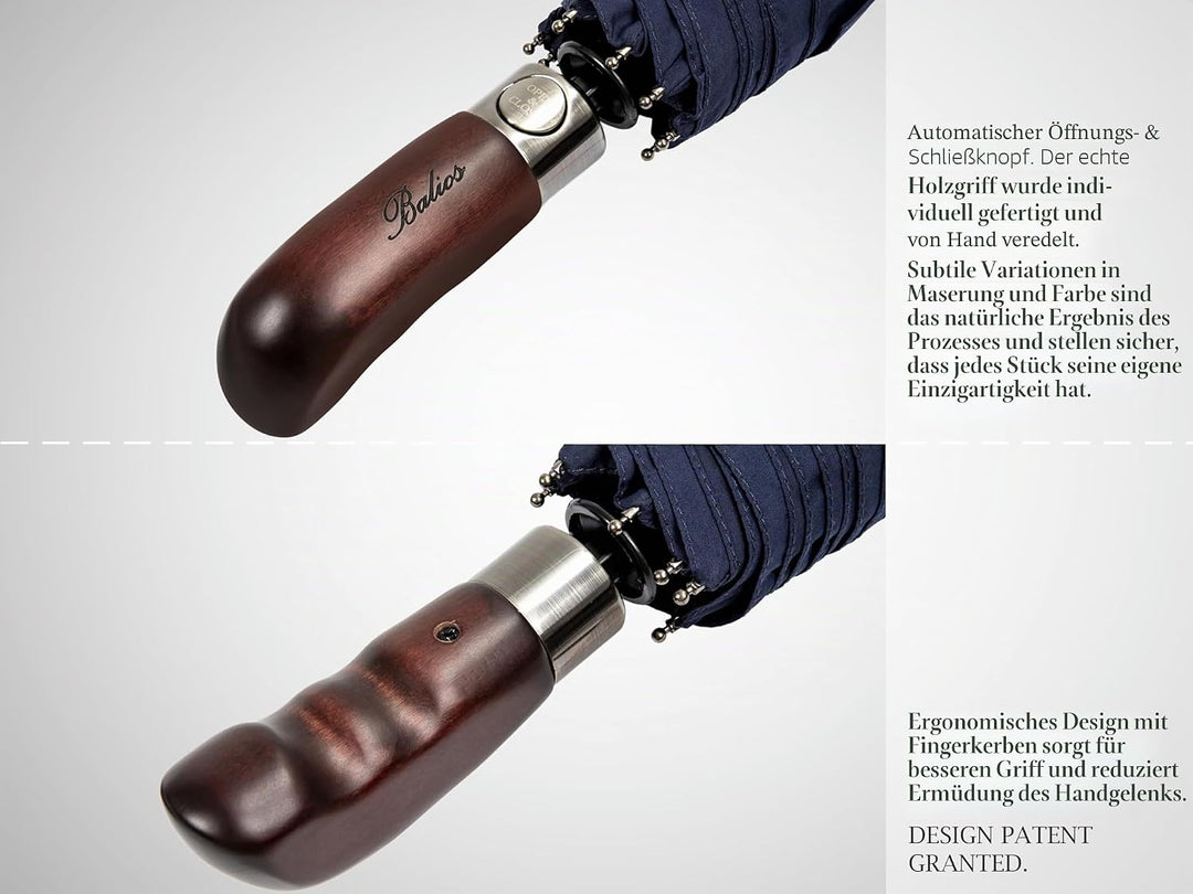 Balios® Regenschirm Mit Echtem Holzgriff -Optional | Auf Zu Automatik | Sturmfest & Windsicher | Tas